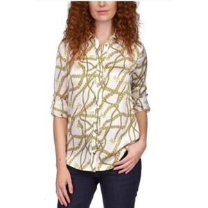 Michael Kors Half Zip Roll Tab Sleeve Chain Logo Top NWOT Size Small